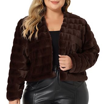 Women's Plus Size Open Front Plush Faux Fur Cropped Jacket