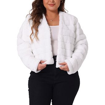 Women's Plus Size Open Front Plush Faux Fur Cropped Jacket