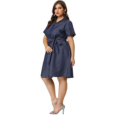 Women's Plus Wrap Belted High Waist Chambray Dress