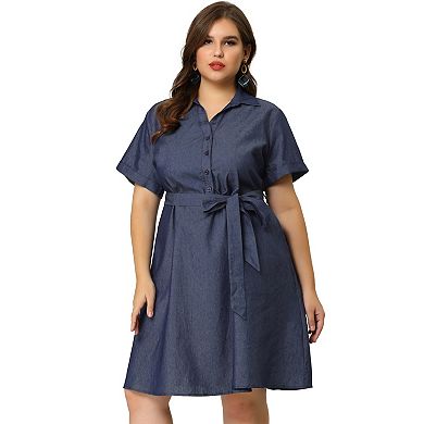 Women's Plus Wrap Belted High Waist Chambray Dress
