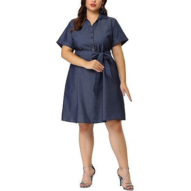 Women's Plus Wrap Belted High Waist Chambray Dress