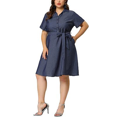 Women s Plus Wrap Belted High Waist Chambray Dress