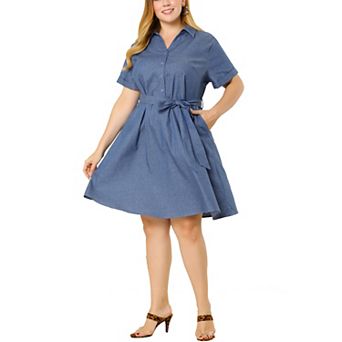 Women's Plus Wrap Belted High Waist Chambray Dress