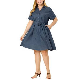 Women's Plus Wrap Belted High Waist Chambray Dress