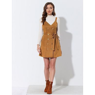 Women's V Neck Button Up Belted Overall Faux Suede Dress