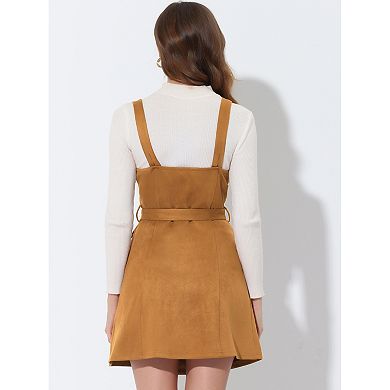Women's V Neck Button Up Belted Overall Faux Suede Dress