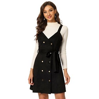 Women's V Neck Button Up Belted Overall Faux Suede Dress