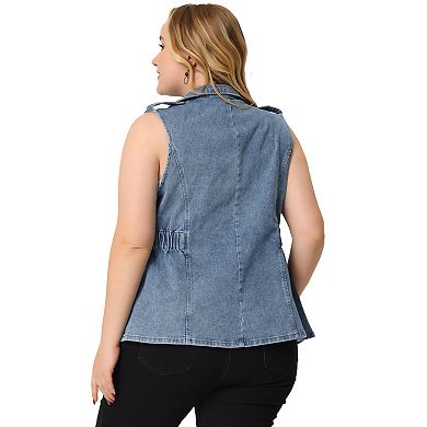 Plus Size Women's Denim Jacket Sleeveless Waistline Notched Lapel Button Denim Vests