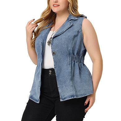 Plus Size Women's Denim Jacket Sleeveless Waistline Notched Lapel Button Denim Vests