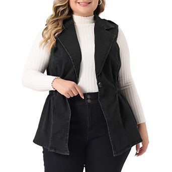 Plus Size Women's Denim Jacket Sleeveless Waistline Notched Lapel Button Denim Vests