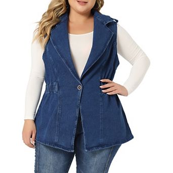 Plus Size Women's Denim Jacket Sleeveless Waistline Notched Lapel Button Denim Vests