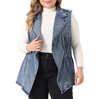 Plus Size Women's Denim Jacket Sleeveless Waistline Notched Lapel Button Denim Vests