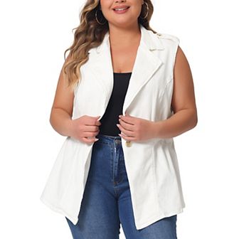 Plus Size Women's Denim Jacket Sleeveless Waistline Notched Lapel Button Denim Vests