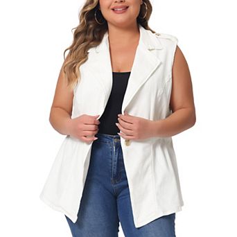 Plus Size Women's Denim Jacket Sleeveless Waistline Notched Lapel Button Denim Vests