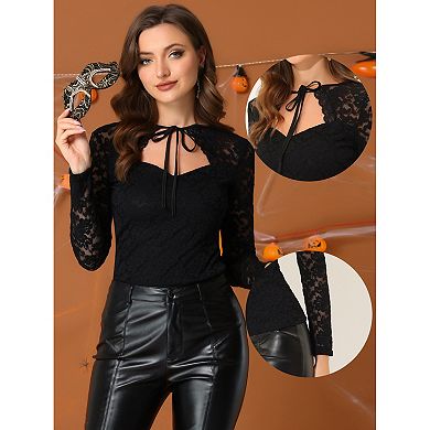Gothic Slim Fit Choker Tie Neck Tees For Women's Long Sleeves Floral Lace Top