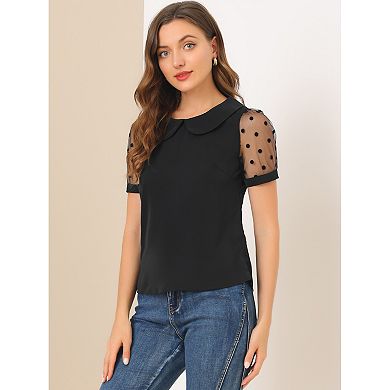 Women's Peter Pan Collar Top Short Sleeve Vintage Polka Dots Mesh Sleeve Blouse