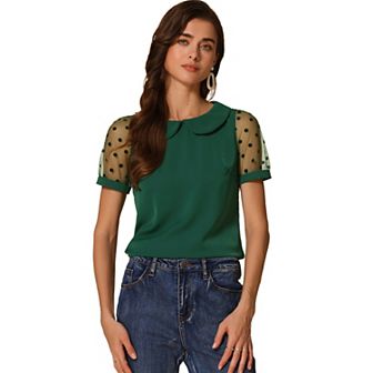 Women's Peter Pan Collar Top Puff Short Sleeve Vintage Polka Dots Mesh Sleeve Blouse