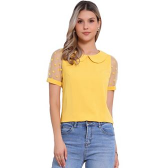 Women's Peter Pan Collar Top Short Sleeve Vintage Polka Dots Mesh Sleeve Blouse