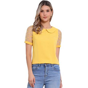 Women's Peter Pan Collar Top Puff Short Sleeve Vintage Polka Dots Mesh Sleeve Blouse