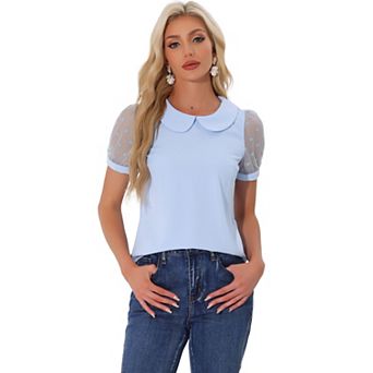 Women's Peter Pan Collar Top Puff Short Sleeve Vintage Polka Dots Mesh Sleeve Blouse