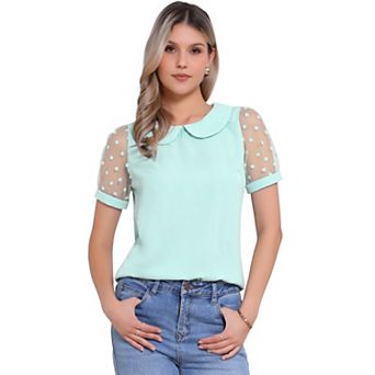 Women's Peter Pan Collar Top Puff Short Sleeve Vintage Polka Dots Mesh Sleeve Blouse