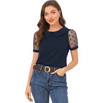 Women's Peter Pan Collar Top Puff Short Sleeve Vintage Polka Dots Mesh Sleeve Blouse