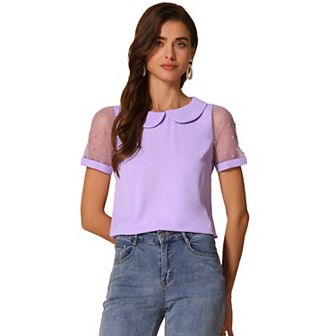 Women's Peter Pan Collar Top Puff Short Sleeve Vintage Polka Dots Mesh Sleeve Blouse