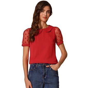 Women's Peter Pan Collar Top Puff Short Sleeve Vintage Polka Dots Mesh Sleeve Blouse
