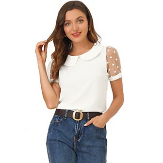 Women's Peter Pan Collar Top Puff Short Sleeve Vintage Polka Dots Mesh Sleeve Blouse