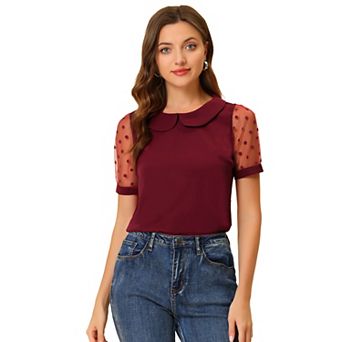 Women's Peter Pan Collar Top Puff Short Sleeve Vintage Polka Dots Mesh Sleeve Blouse