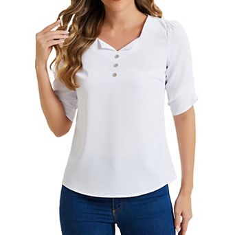 Women's Square Neck Pleated Short Sleeve Office Work Top