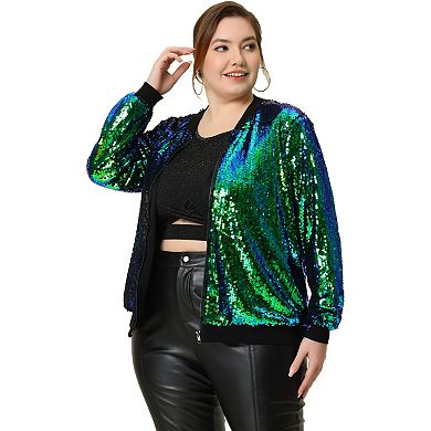 Women's Plus Size Metallic Sequin Sparkle Zip Bomber Jacket