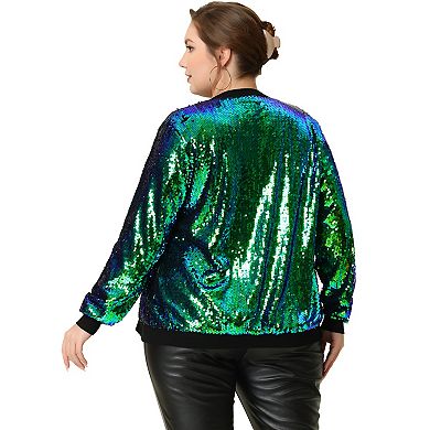 Women's Plus Size Metallic Sequin Sparkle Zip Bomber Jacket