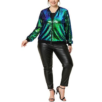 Women's Plus Size Metallic Sequin Sparkle Zip Bomber Jacket