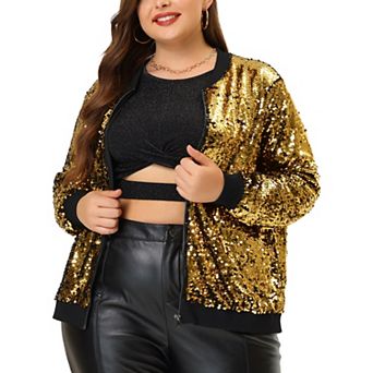 Women's Plus Size Metallic Sequin Sparkle Zip Bomber Jacket