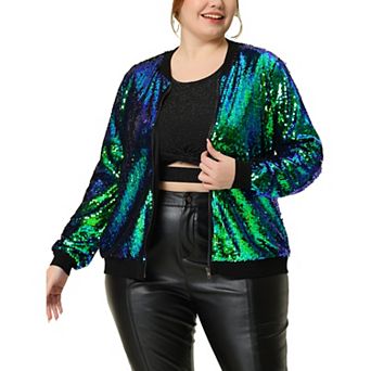Women's Plus Size Metallic Sequin Sparkle Zip Bomber Jacket