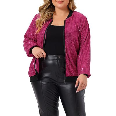 Women s Plus Size Metallic Sequin Sparkle Zip Bomber Jacket