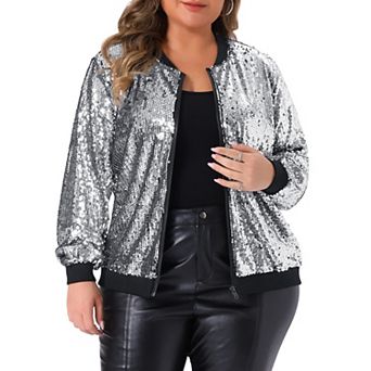 Women's Plus Size Metallic Sequin Sparkle Zip Bomber Jacket