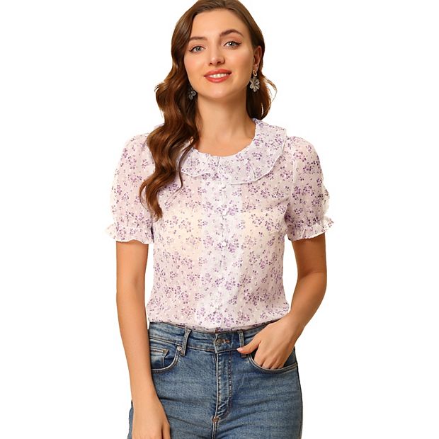 Women s Casual Ruffled Neck Floral Tops Puff Sleeve See Through