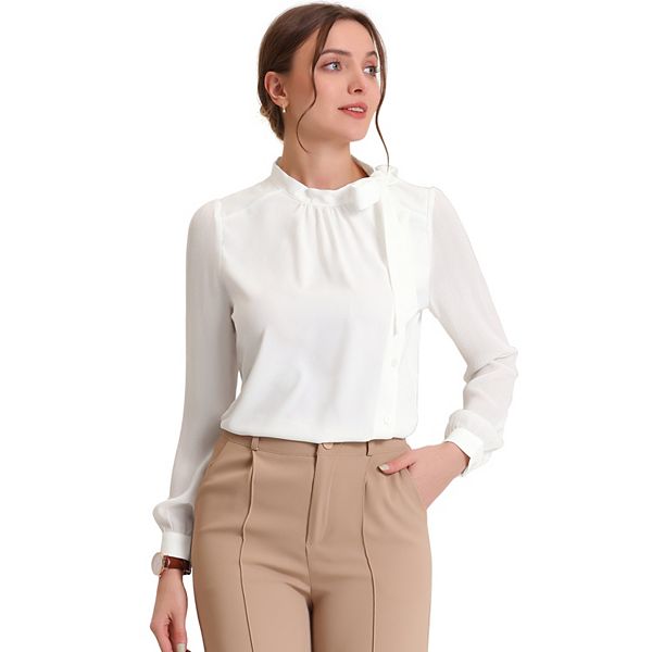 Bow Tie Neck Blouse for Women's Work Office Side Buttons Chiffon ...