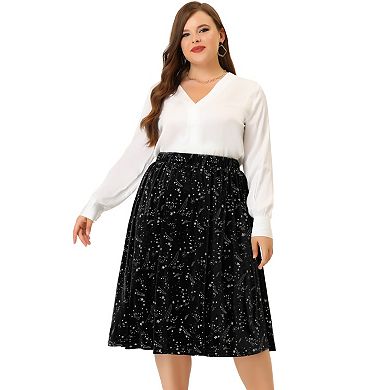 Plus Size Velvet Skirts for Women a Line Knee Length Star Print Flare Skirt