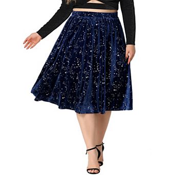 Plus Size Velvet Skirts for Women a Line Knee Length Star Print Flare Skirt