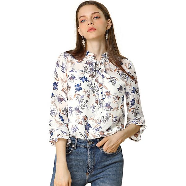 Women's Ruffle Collar 3/4 Sleeve Tie Neck Chiffon Floral Blouse Top