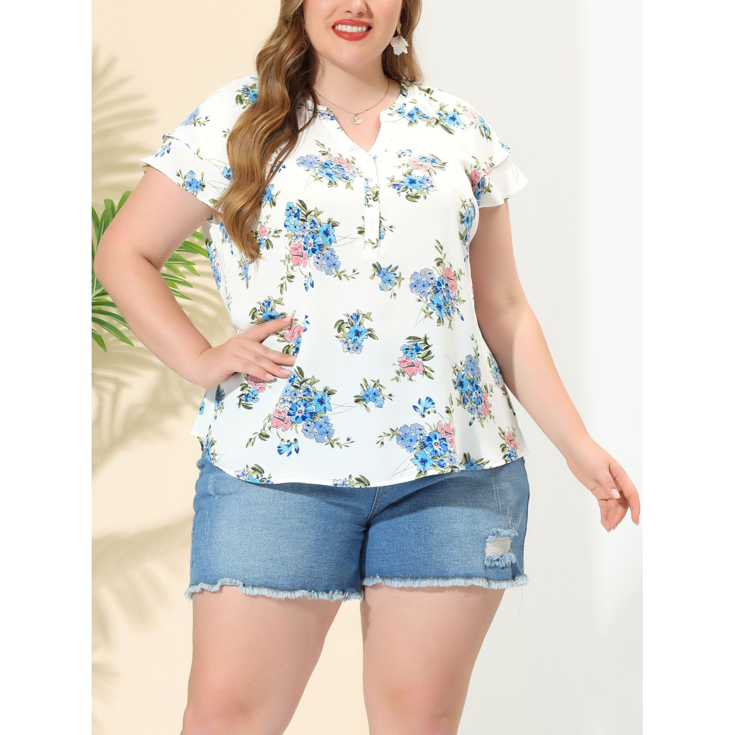 Blouse Fleurie à Volants Taille 2X Plus Tamara - Manches Courtes - Occasion Très Bon état