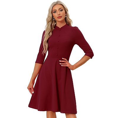 Retro 3/4 Sleeve Stand Collar Office Work Elegant A-Line Dress, Hot Pink / XS