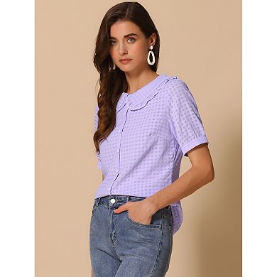 Women's Peter Pan Collar Contrast Color Trim Gingham Button Up Blouse Shirt
