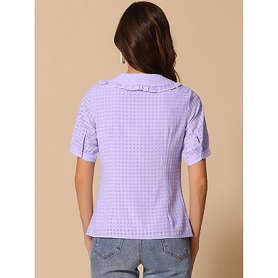 Women's Peter Pan Collar Contrast Color Trim Gingham Button Up Blouse Shirt