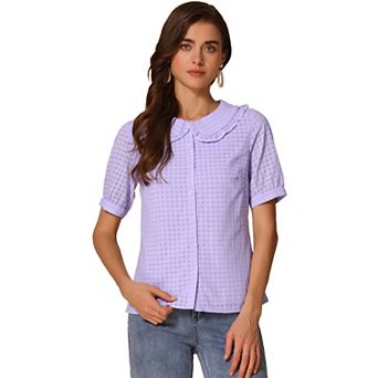 Women's Peter Pan Collar Contrast Color Trim Gingham Button Up Blouse Shirt