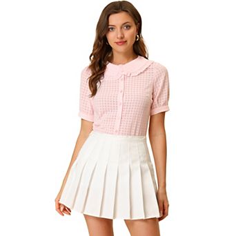 Women's Peter Pan Collar Contrast Color Trim Gingham Button Up Blouse Shirt