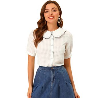Women's Peter Pan Collar Contrast Color Trim Gingham Button Up Blouse Shirt